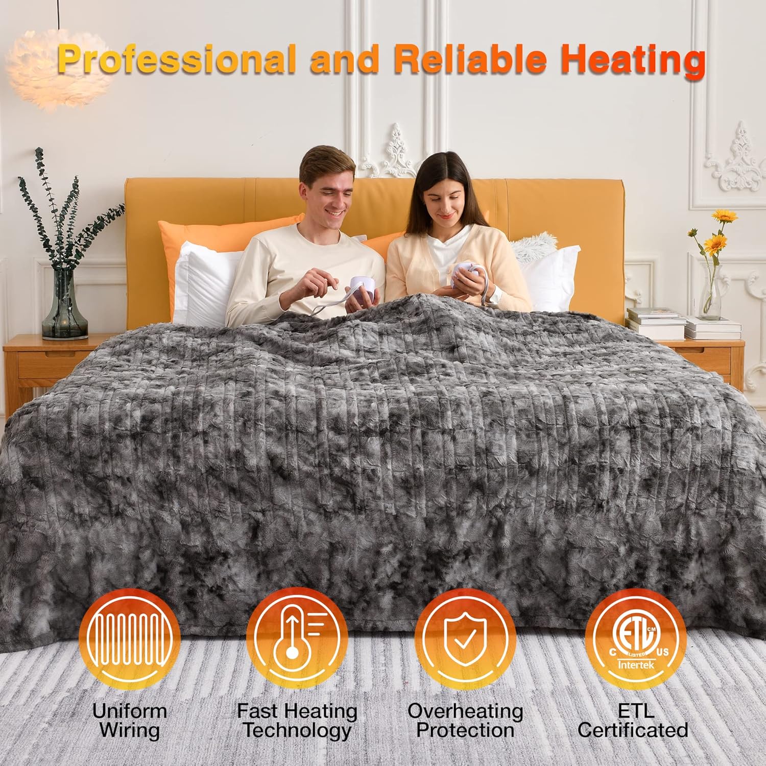 WOOMER Heated Blanket Queen Size 84" x 90", Electric Blanket with 0.5-12 Hours Timer & 10 Heating Levels, ETL Certified, Marble Gray Double-Sided Faux Fur, Machine Washable