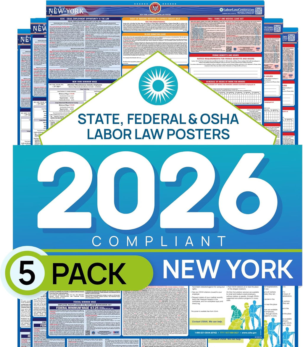 North Carolina 2026 Labor Law Poster – State & Federal Compliance – OSHA, EEOC, FMLA, Minimum Wage – Durable, Laminated & Waterproof Workplace Employment Poster – Made in USA – 26” x 39.5”, 5-Pack