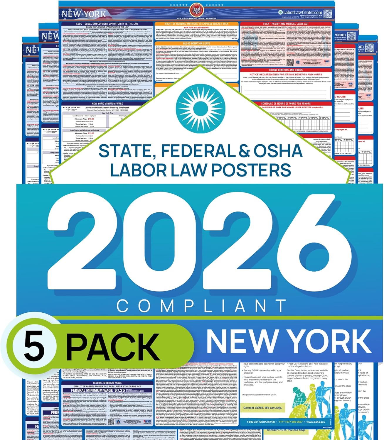 North Carolina 2026 Labor Law Poster – State & Federal Compliance – OSHA, EEOC, FMLA, Minimum Wage – Durable, Laminated & Waterproof Workplace Employment Poster – Made in USA – 26” x 39.5”, 5-Pack