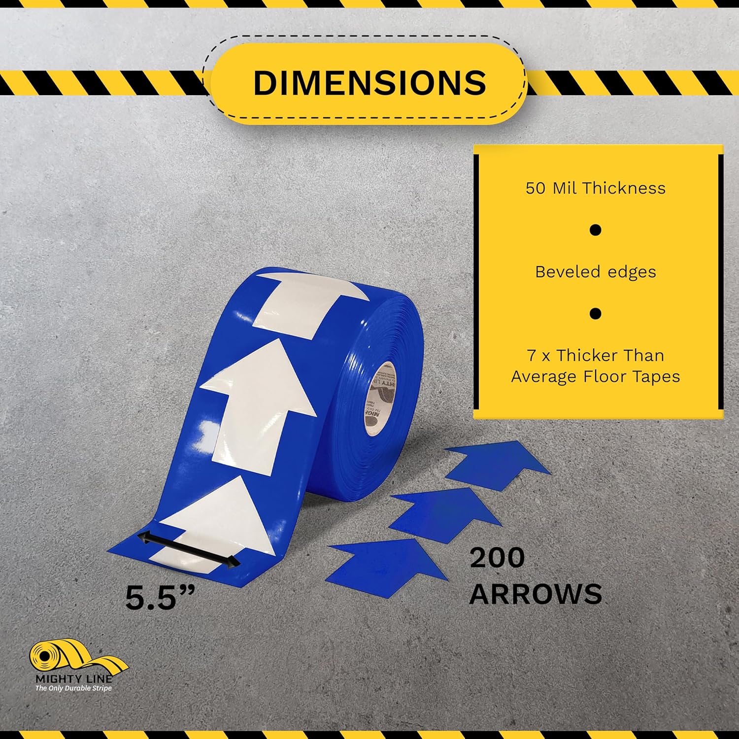 Mighty Line 5.5" Wide Solid Arrows Roll, Directional Sticker Sign Floor Marking Tape for Safety, Caution, Warning, Heavy-Duty, Peel and Stick, Adhesive, Industrial Quality, Blue, Pack of 200