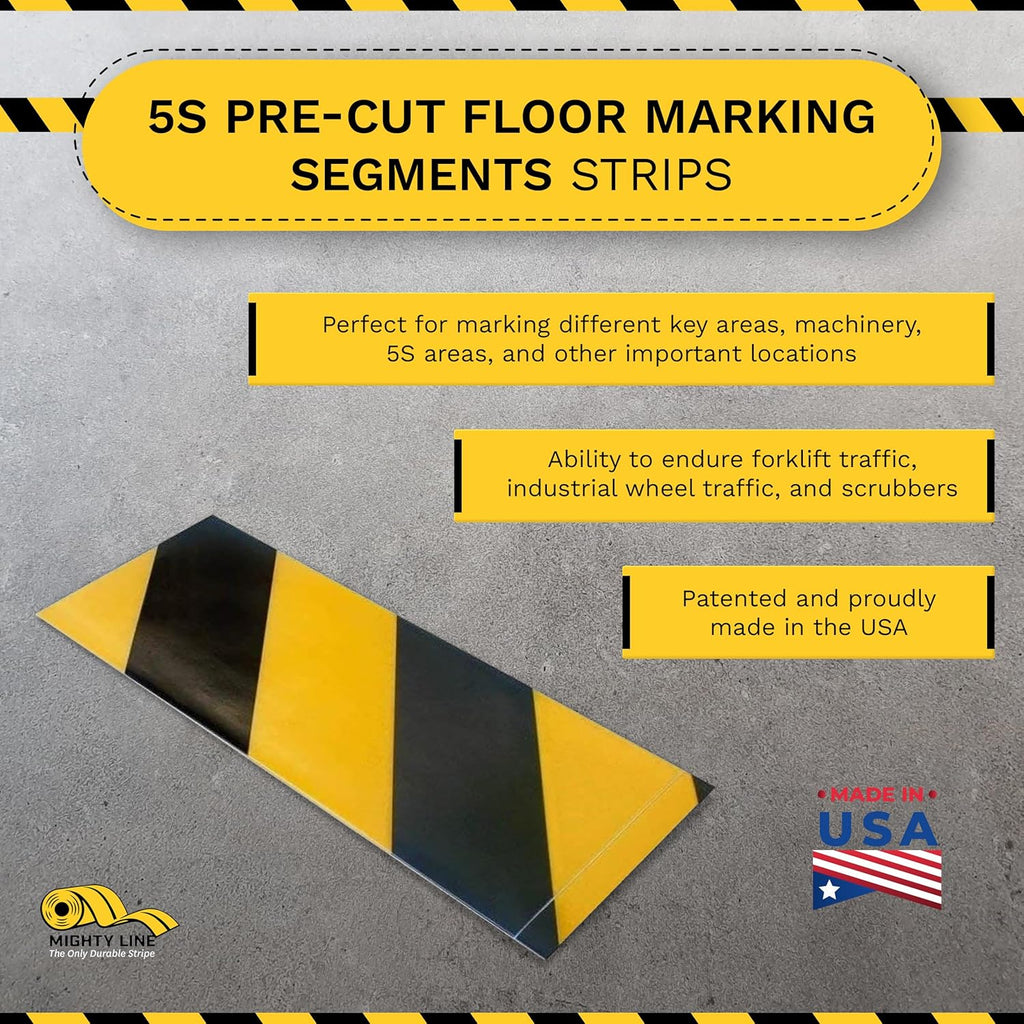 Mighty Line Floor Marking Tape Strips for Safety, Caution, Warning, Heavy-Duty, Peel and Stick, Adhesive, Industrial Quality, Yellow and Black Hazard, 3" by 10"