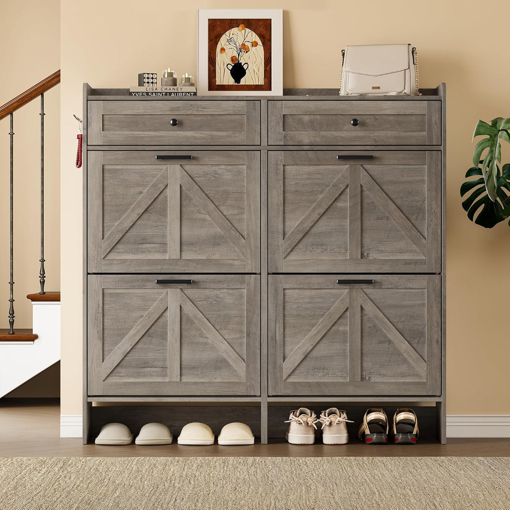 Shoe Storage Cabinet for Entryway, Farmhouse Wide Shoe Cabinet with 4 Flip Drawers and 2 Top Drawers, Freestanding Organizer with Adjustable Shelves, Hooks, and Anti-Tip Kit for Hallway