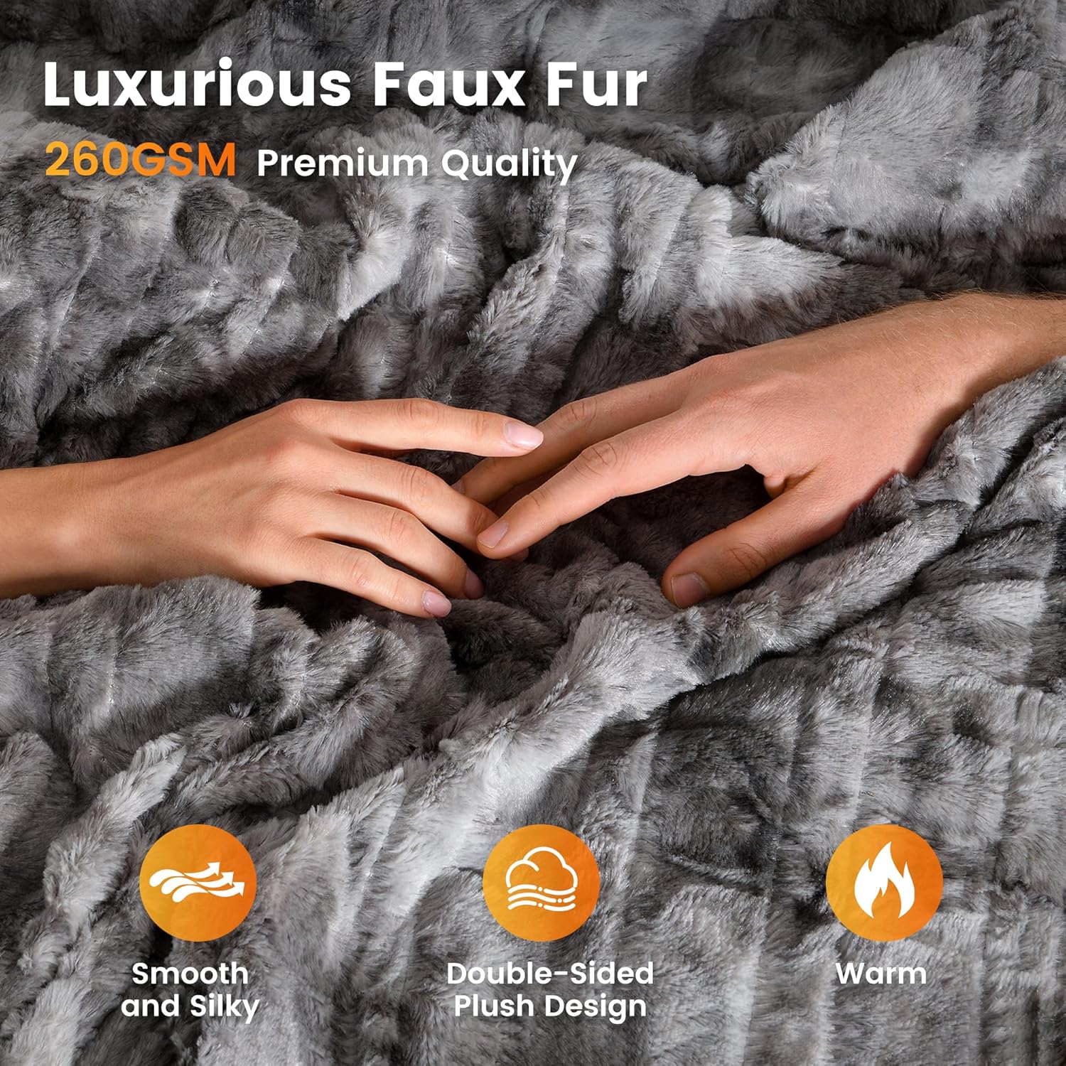 WOOMER Heated Blanket King Size 100" x 90", Electric Blanket with Dual Controllers, 0.5-12 Hours Timer & 10 Heating Levels, ETL Certified, Marble Gray Double-Sided Faux Fur, Machine Washable