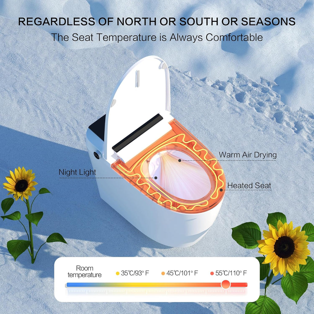 Smart Toilet with Bidet Built-In and Tank – Foam Shield, Heated Seat, Dual Flush, Warm Water & Dryer, Mutiple Clean Modes, Foot Sensor, Night Light, and Wireless Remote Control