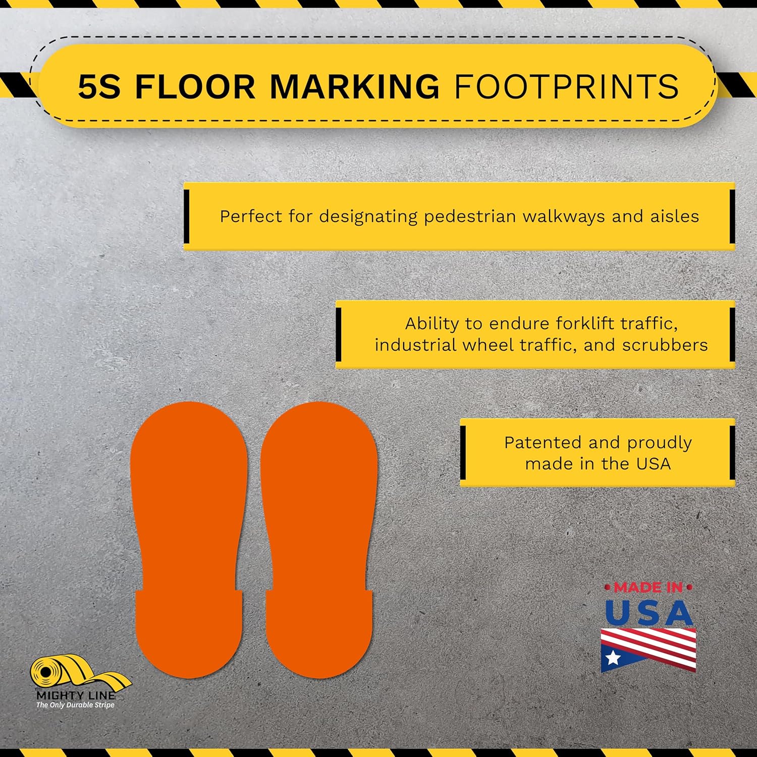 Mighty Line Big Footprints Floor Marking Tape for Safety, Caution, Warning, Heavy-Duty, Peel and Stick, Adhesive, Industrial Quality, 12" Long x 5" Wide, Orange, Pack of 50