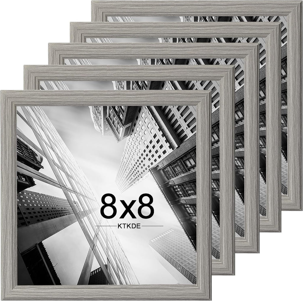 KTKDE 8x8 Picture Frame Set of 5, Wooden frames Grey, Wall Hanging for Tapletop Display, Best Square Photo Frame Studio Gallery for Photos, Posters & Art Prints