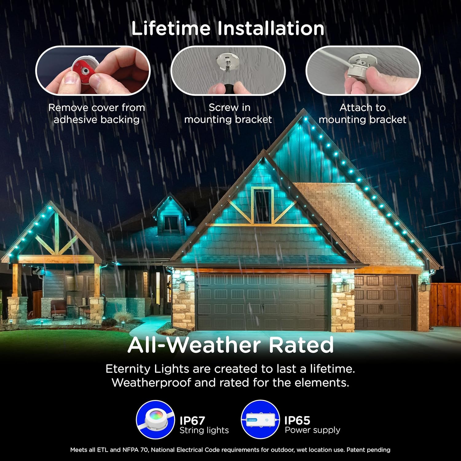 Enbrighten Vibe Eternity Permanent Outdoor Lights for House, 150ft, 108 RGBWIC LEDs, Close Spacing, 33lm, Color Changing, Christmas, Eave Lighting, Smart App, Works with Alexa, Google Home, 85102