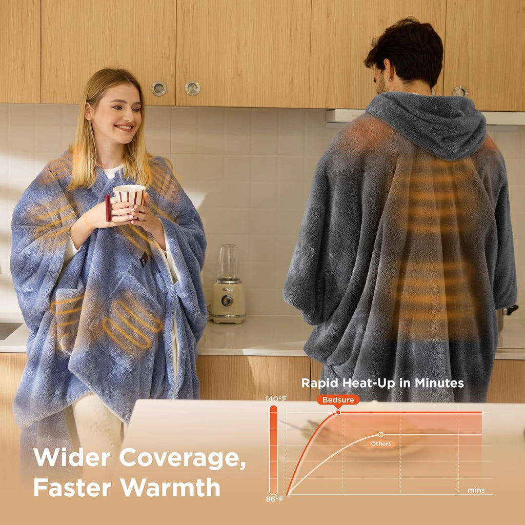 Bedsure Cordless Wearable Heated Blanket - Fluffy Electric Blanket Hoodie with 20000mAh Battery Pack, Portable USB Heated Shawl as Winter Gifts for Women Mom, 4 Heat Levels & 4 Timers, 55"x69", Blue