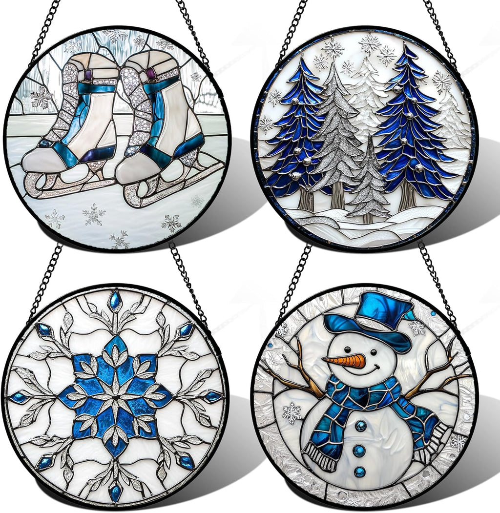 Stained Glass Window Hanging 4 Pcs Set White Winter Christmas Snow Scene Large 11.8" - Suncatcher Door Garden Sun Catcher Decor Birthday for Mom Woman Nana Men Friend Wife