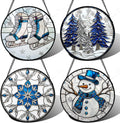 Stained Glass Window Hanging 4 Pcs Set White Winter Christmas Snow Scene Large 11.8" - Suncatcher Door Garden Sun Catcher Decor Birthday for Mom Woman Nana Men Friend Wife