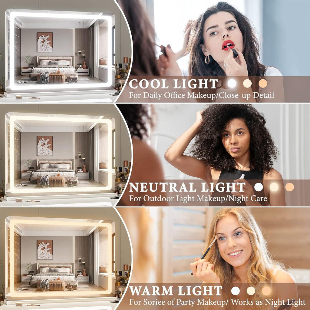 FENNIO Vanity Mirror with Lights 32"x22", Lighted Makeup Mirror, Large Vanity Mirror with Lights, Touch Sensor with 3-Color Lighting, USB Charging Port for Vanity Desk Tabletop