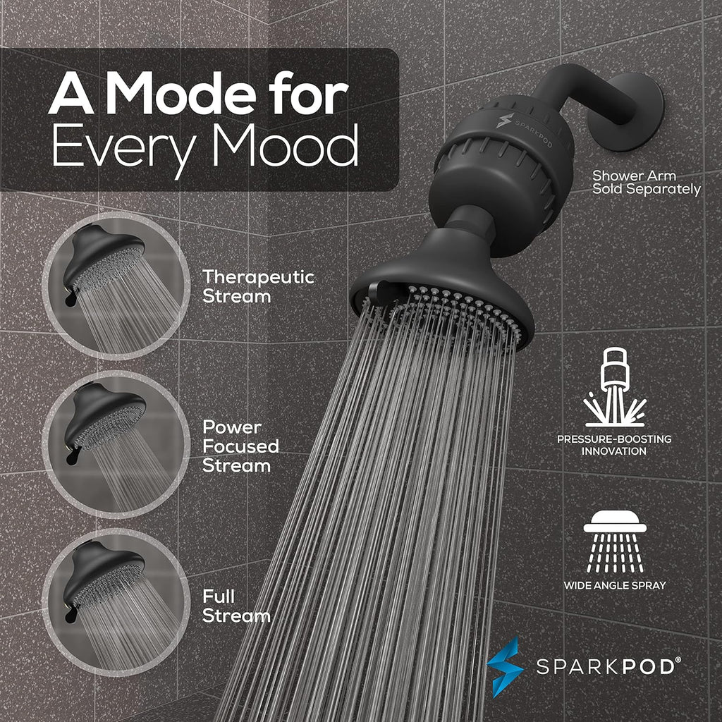 SparkPod 23-Stage Filtered Shower Head with 3 Spray Settings - High Pressure Shower Head with Filters for Dry Hair and Skin - Showerhead with Filter Reduces Chlorine & Heavy Metals (Black Matte)
