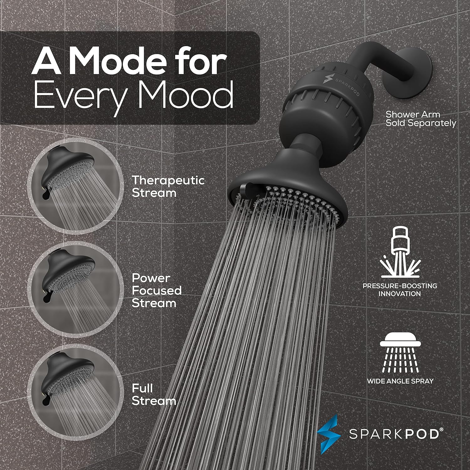 SparkPod 23-Stage Filtered Shower Head with 3 Spray Settings - High Pressure Shower Head with Filters for Dry Hair and Skin - Showerhead with Filter Reduces Chlorine & Heavy Metals (Black Matte)