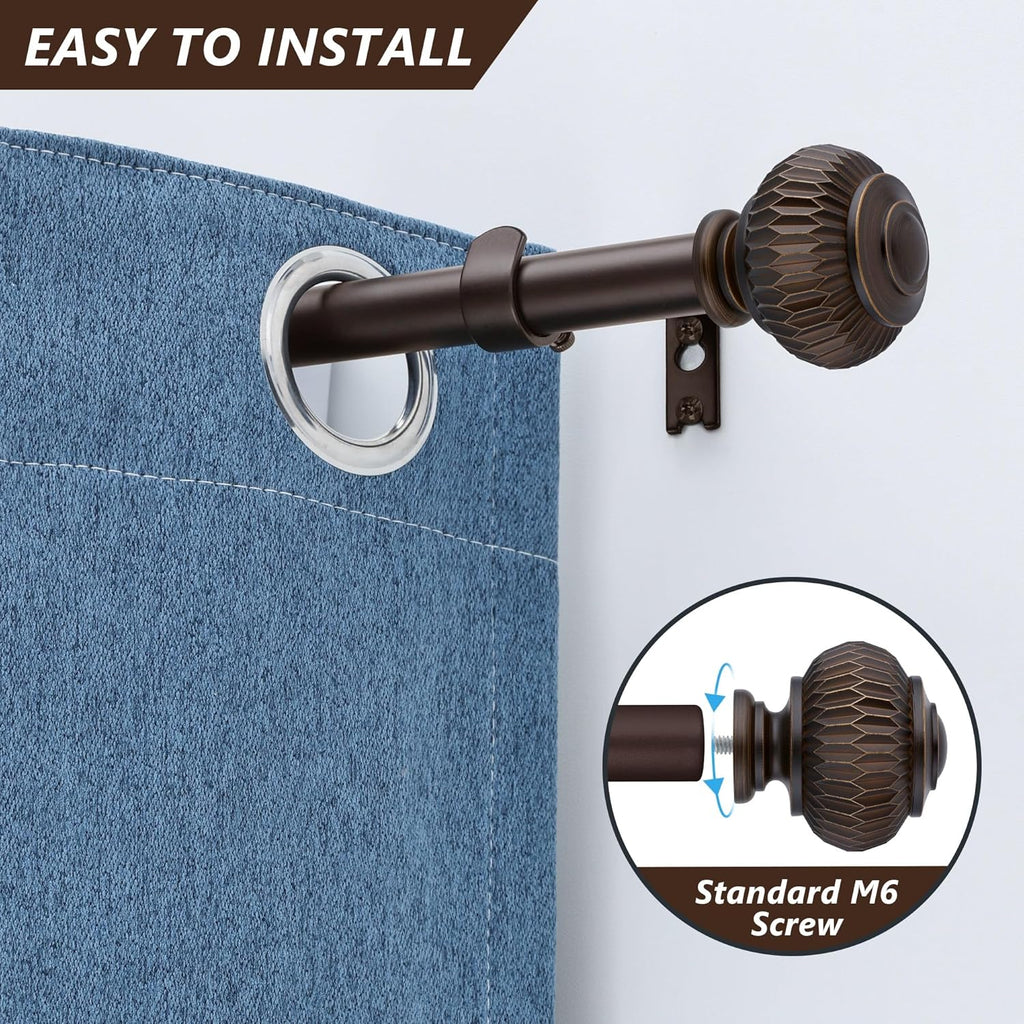 Bronze Curtain Rods for Windows 48 to 84 Inches, 1 Inch Adjustable Heavy Duty, Lantern Ball Finials, Window Treatment Single Rod Set
