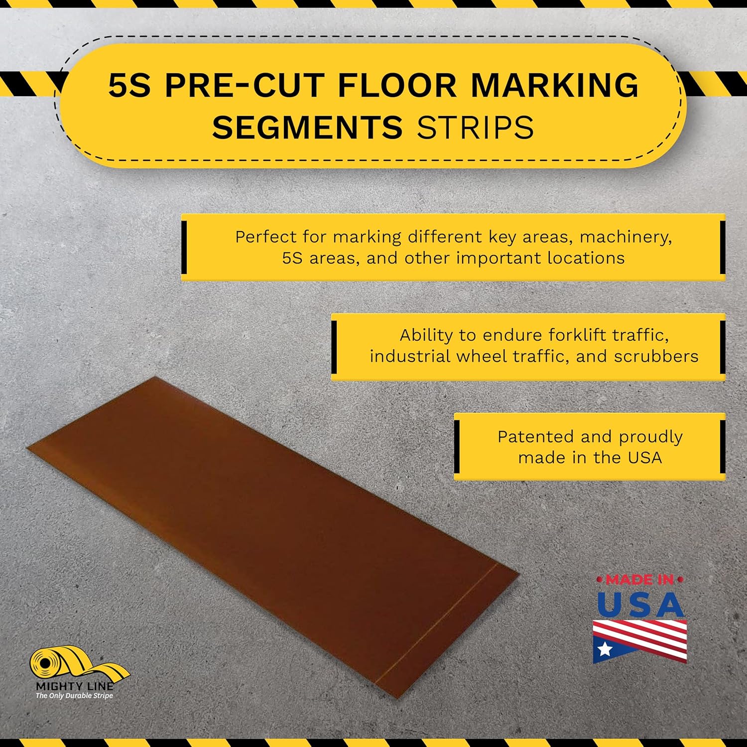 Mighty Line Floor Marking Tape Strips for Safety, Caution, Warning, Heavy-Duty, Peel and Stick, Adhesive, Industrial Quality, Brown, 3" by 10"