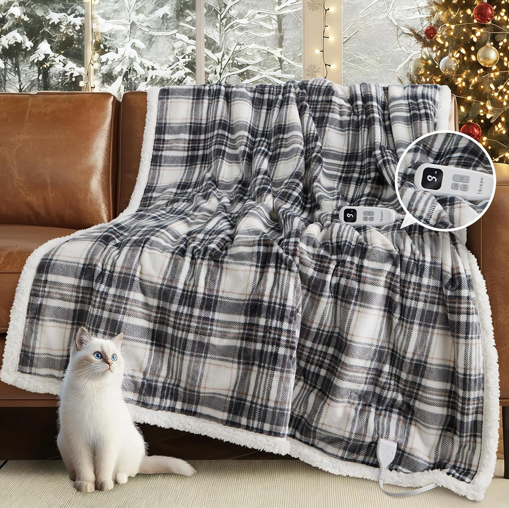 Christmas Heated Blanket Electric Throw-50''x60''Ultra Soft Cozy Plaid Flannel Fast Heating Electric Blanket with 10 Heat Levels & 10 Hrs Auto Off, ETL Certified, Keep Warm in Home Office