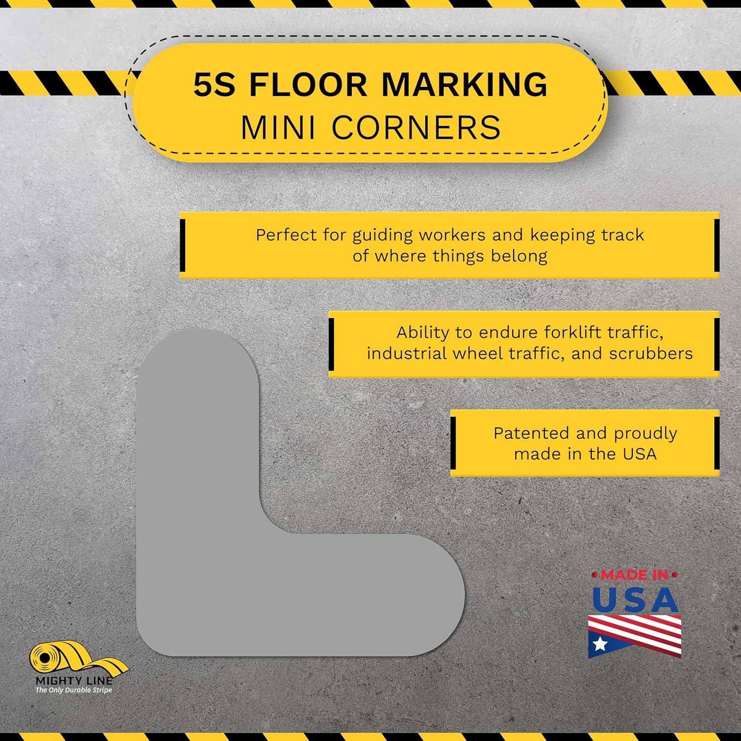 Mighty Line 3/4" Wide Solid Mini Corner Marker Floor Marking Tape, Heavy-Duty, Peel and Stick, Adhesive, Industrial Quality, Gray, Pack of 108