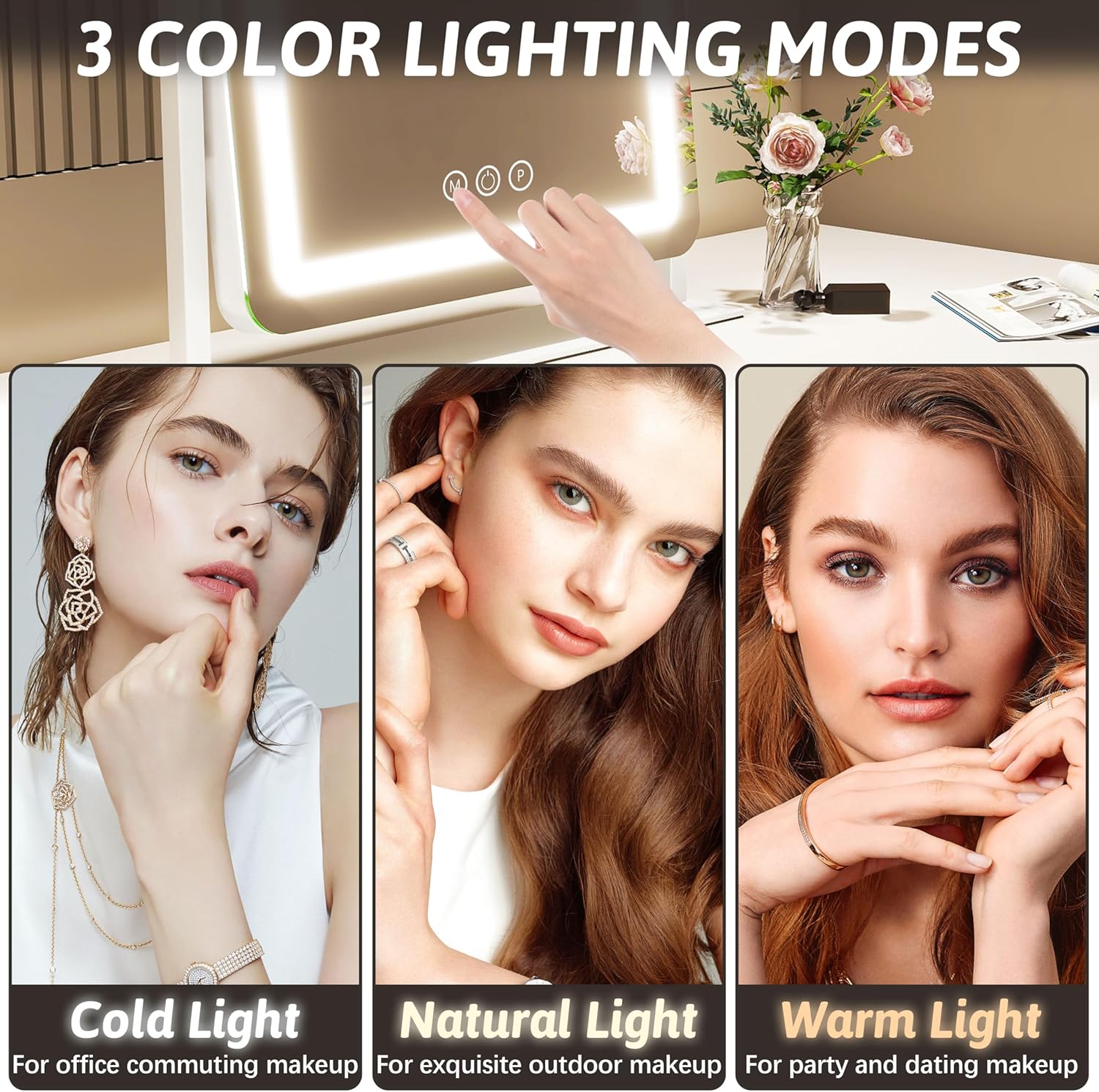 FENNIO Vanity Mirror with Lights 22 Inch- LED Lighted Makeup Mirror,Large Makeup Mirror with Lights,Touch Screen with 3-Color Lighting,Led Mirror Makeup,Dimmable(White)