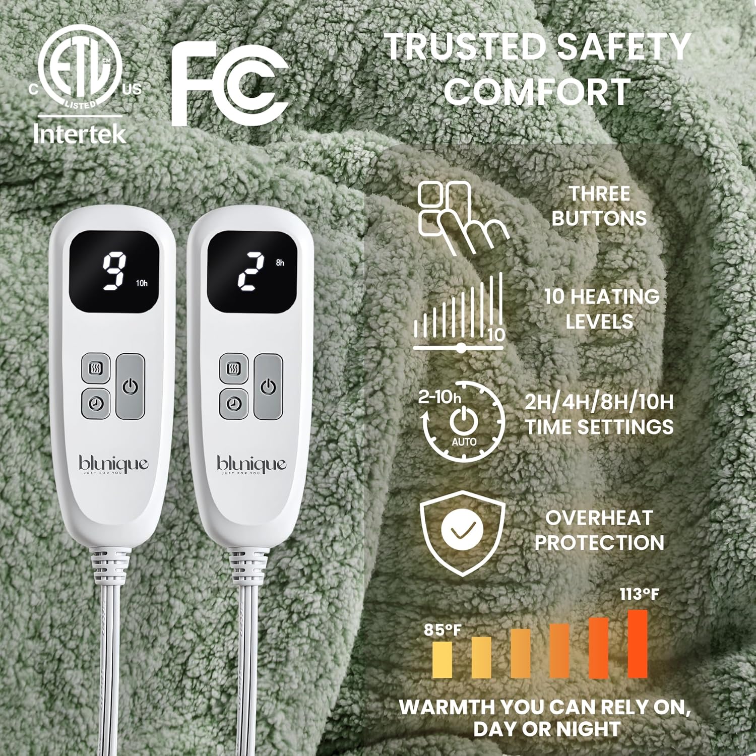 Heated Blanket Electric Blanket King - Fast Heating Blanket Throw Dual Control Double Sided Sherpa with 6 Heating Levels & 1-10 Hours Auto Off, Mashine Washable, 90 x 100 Inches, Sage
