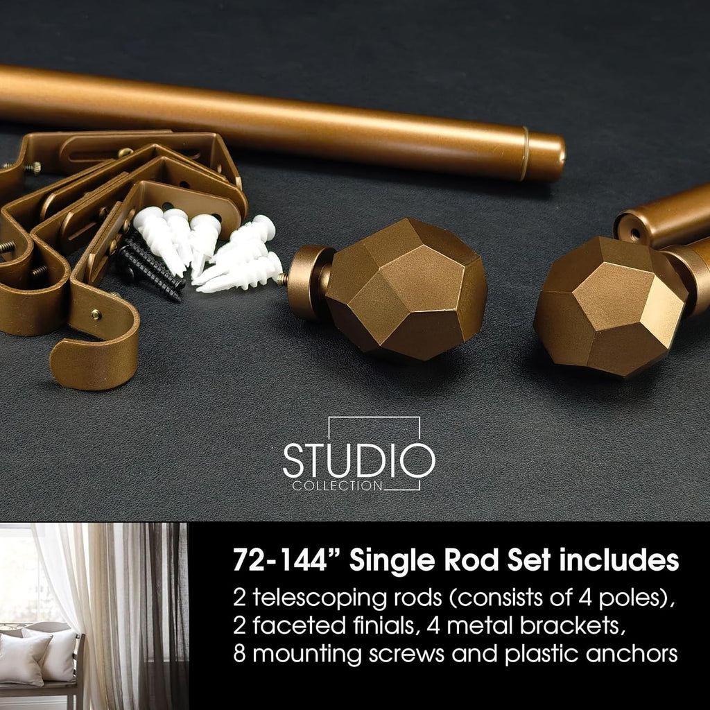 1-1/8 Inch Diameter Aged Bronze Curtain Rod with Geometric Faceted Finials, 72-144'' Telescoping Single Curtain Rods for window width 68-140 inch, 1 pack