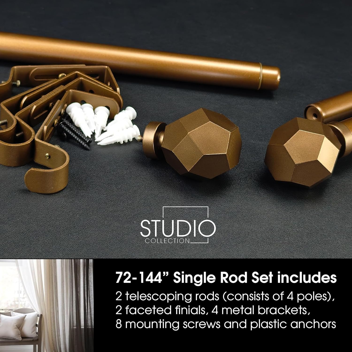 1-1/8 Inch Diameter Aged Bronze Curtain Rod with Geometric Faceted Finials, 72-144'' Telescoping Single Curtain Rods for window width 68-140 inch, 1 pack