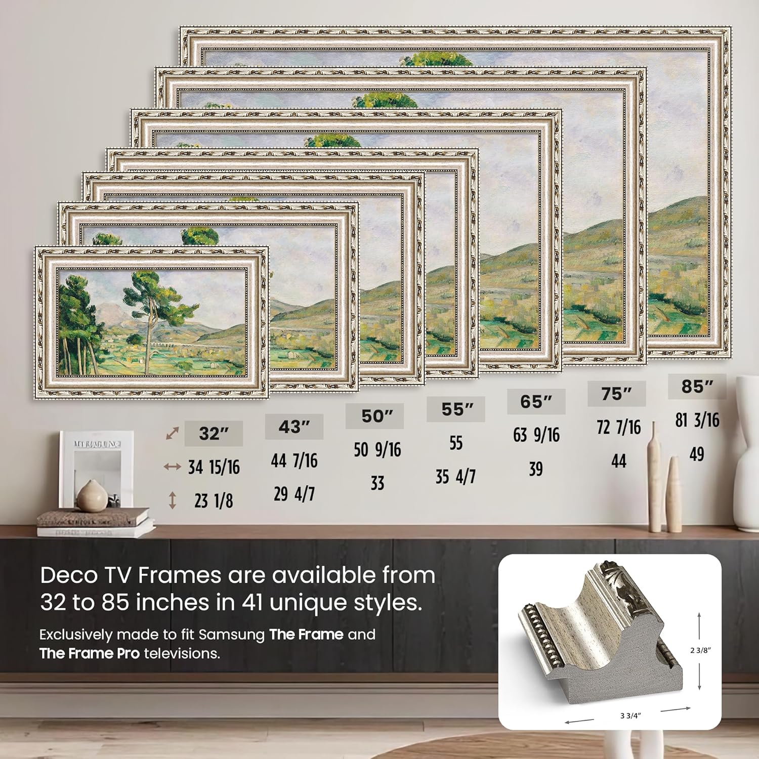 Ornate Silver 55" Premiere Deco TV Frame - Compatible ONLY with Samsung The Frame TVs (Fits 2021-2025, LS03A, LS03B, LS03C, LS03D, LS03FA)