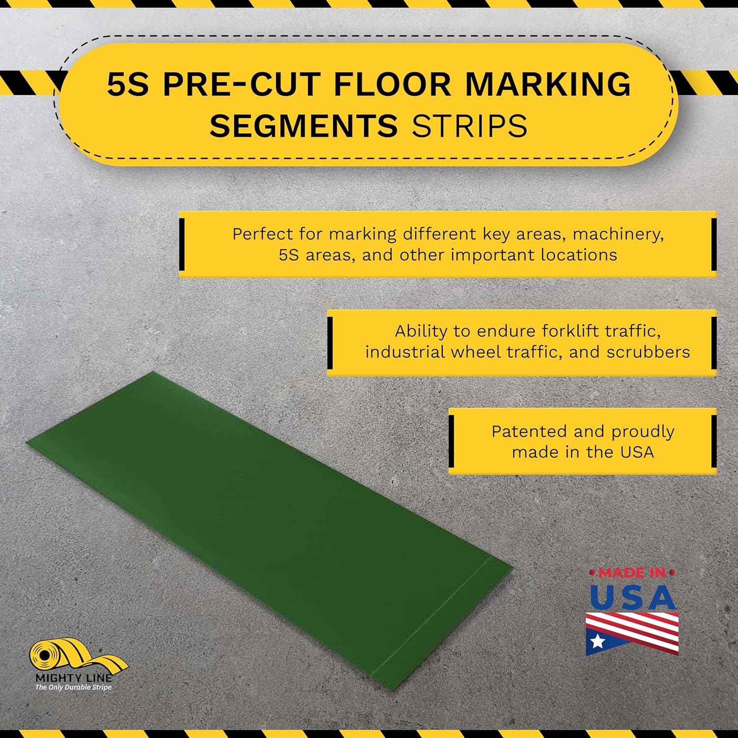 Mighty Line Floor Marking Tape Strips for Safety, Caution, Warning, Heavy-Duty, Peel and Stick, Adhesive, Industrial Quality, Green, 3" by 10"
