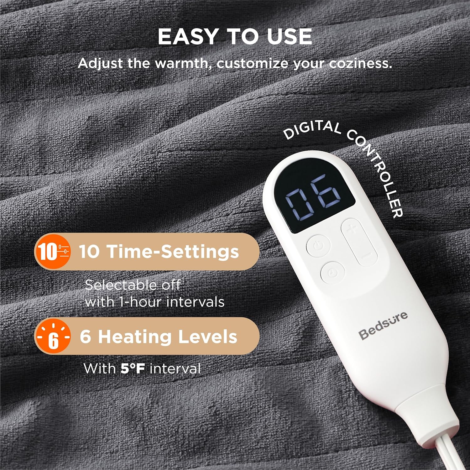 Bedsure Electric Blanket Twin - Soft Flannel Heated Blanket, Fast Heating with 10 Time Settings & 6 Heat Settings, Warm Gift for Grandma (62x84 inches, Dark Grey)