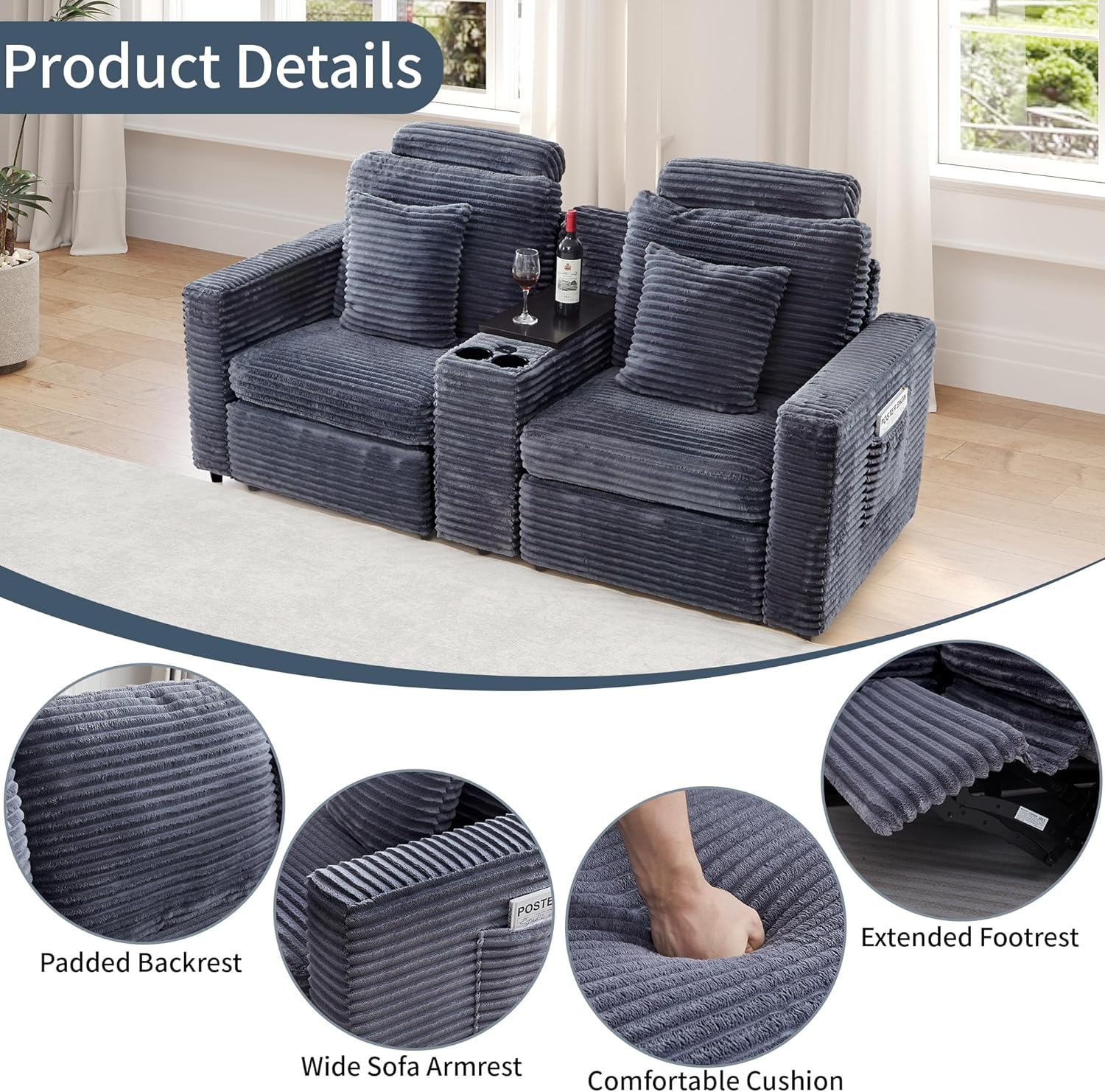 LEVNARY 2-Seater Modular Reclining Sofa with Center Console, Faux Rabbit Fur Power Recliner Loveseat with Cup Holders, USB Charging, Side Pockets & 2 Pillows, Living Room Furniture (Gray)