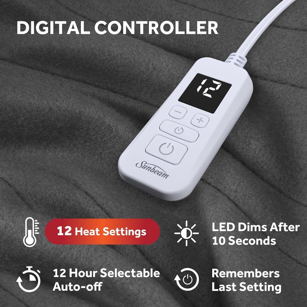 Sunbeam Royal Ultra Fleece Heated Electric Blanket Full Size, 84" x 72", 12 Heat Settings, 12-Hour Selectable Auto Shut-Off, Fast Heating, Machine Washable, Warm and Cozy, Iron