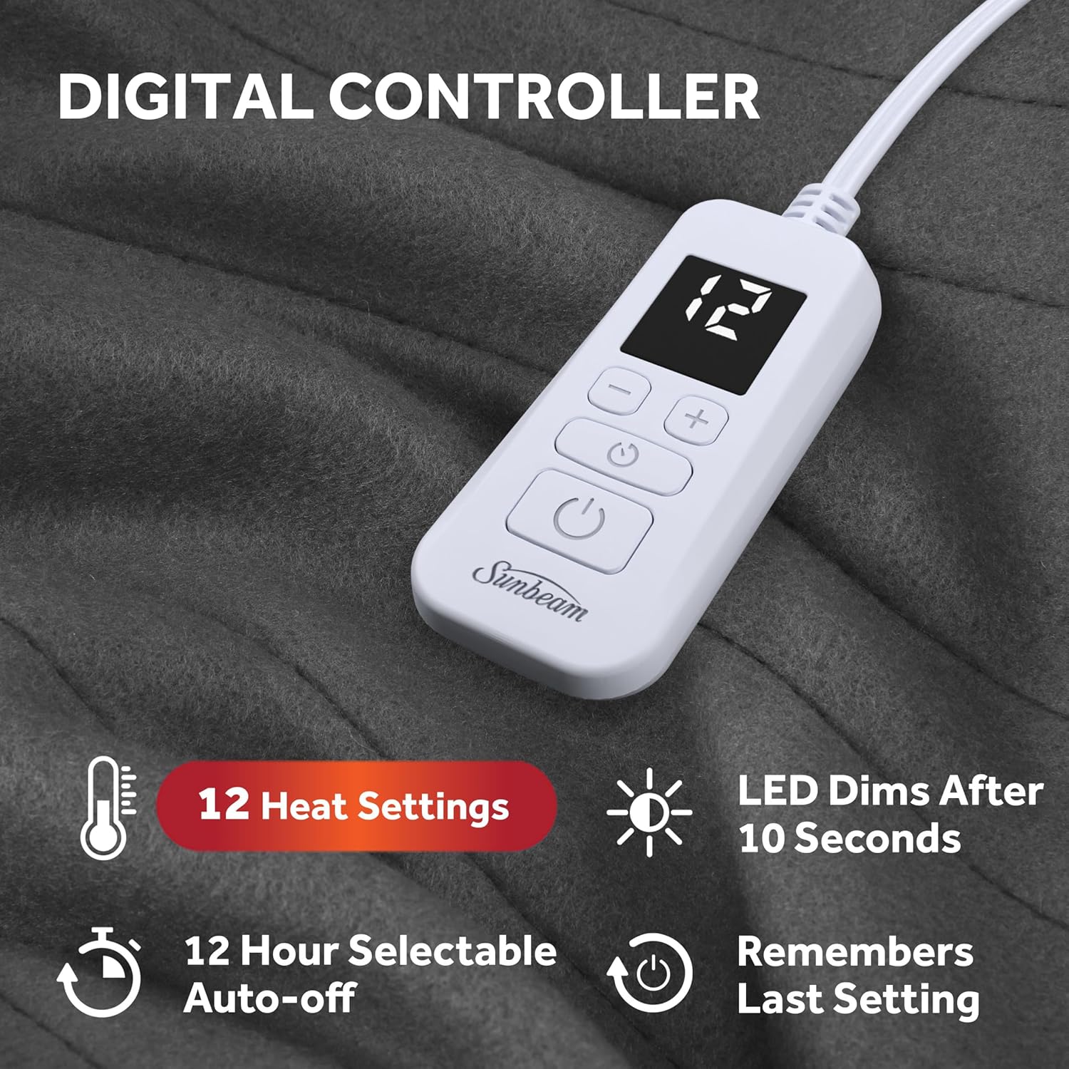 Sunbeam Royal Ultra Fleece Heated Electric Blanket Full Size, 84" x 72", 12 Heat Settings, 12-Hour Selectable Auto Shut-Off, Fast Heating, Machine Washable, Warm and Cozy, Iron