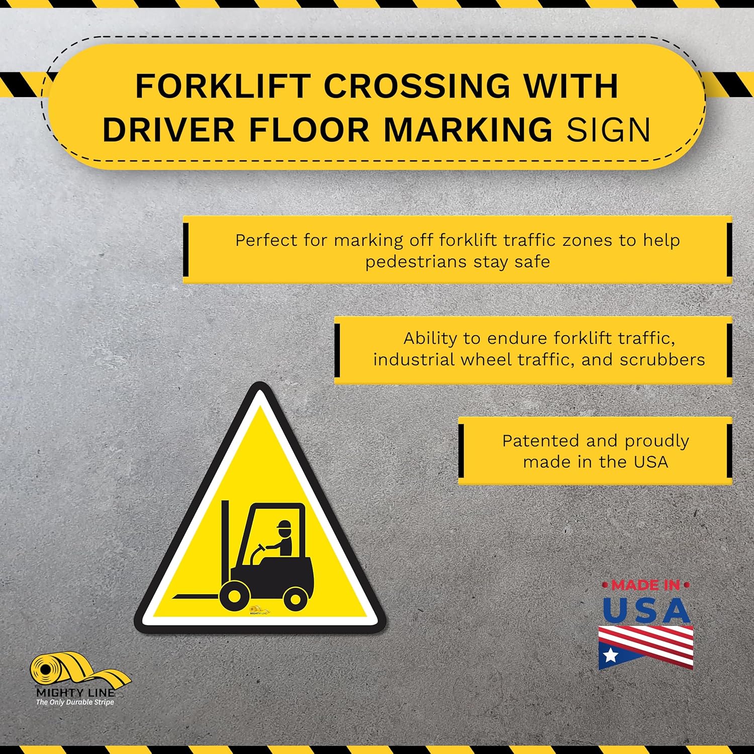 Mighty Line Forklift Floor Sign for Safety, Warning, Heavy-Duty, Peel and Stick, Adhesive, Industrial Quality, Forklift Crossing with Driver, 16"