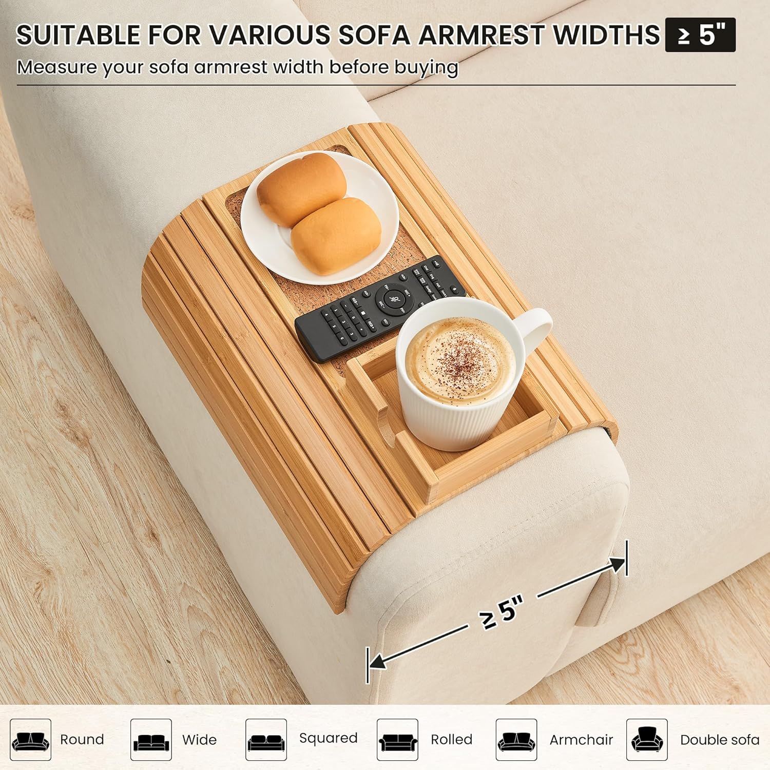 Bamboo Couch Cup Holder, Foldable Sofa Arm Tray, Anti-Slip Couch Aremrest Tray Table for Drink, Cup, Remote, Snacks, Cellphone, Portable, Bamboo/Cork Color