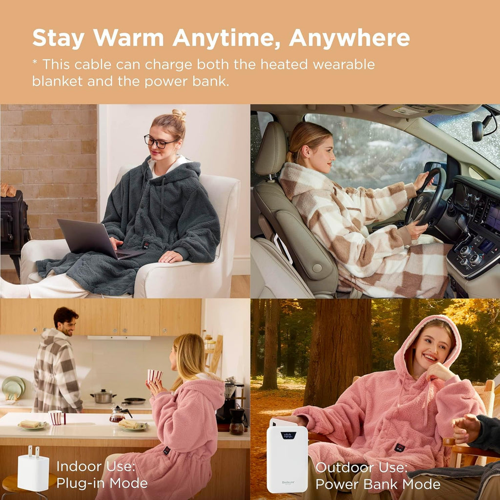 Bedsure Cordless Heated Wearable Blanket Hoodie - Faux Cashmere Electric Blanket with 20000mAh Battery Pack, Portable USB Heated Throw, Winter Gifts for Women, 4 Heat Levels & 4 Timers, 22"x43", Pink