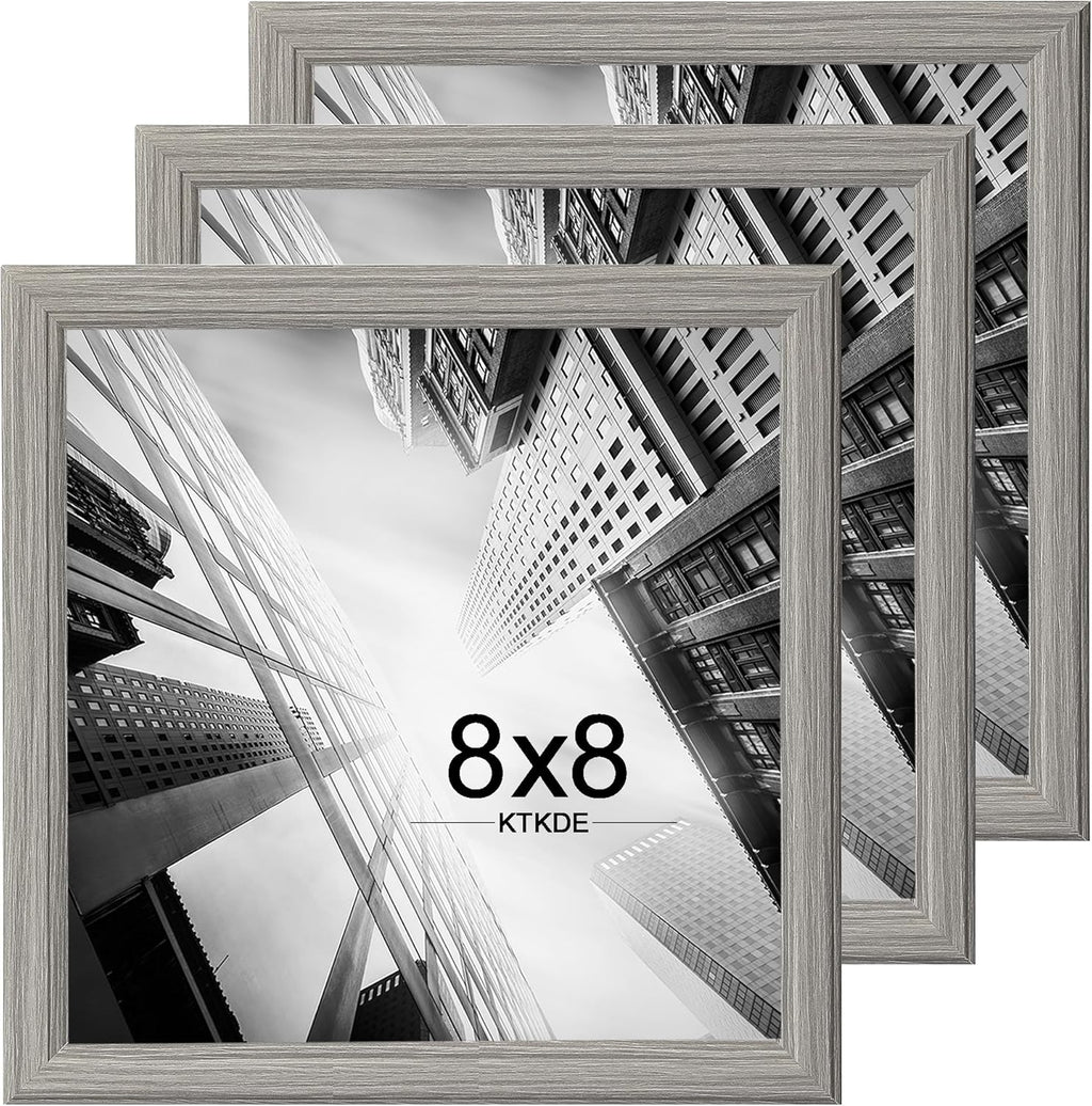 KTKDE 8x8 Picture Frame Set of 3, Grey Wooden frames, Wall Hanging for Tapletop Display, Best Square Photo Frame Studio Gallery for Photos, Posters & Art Prints