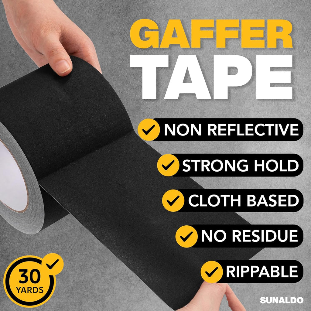 Gaffers Tape (4 Inch x 30 Yards) Easy to Rip, Residue-Free Professional Grade Floor Tape for Electrical Cords, Matte Finish Non Reflective, Weather Resistant (Black)