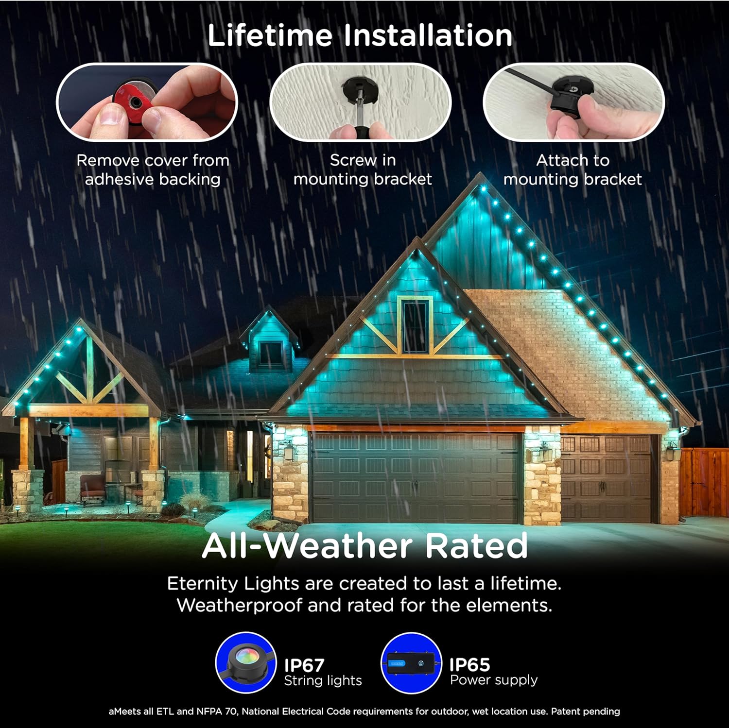 Enbrighten Vibe Eternity Permanent Outdoor Lights, 50ft, 36 RGBWIC LEDs, Smart Everyday Accent Lights, IP67 Waterproof, Compatible with Alexa, Google Home, Black, 82729