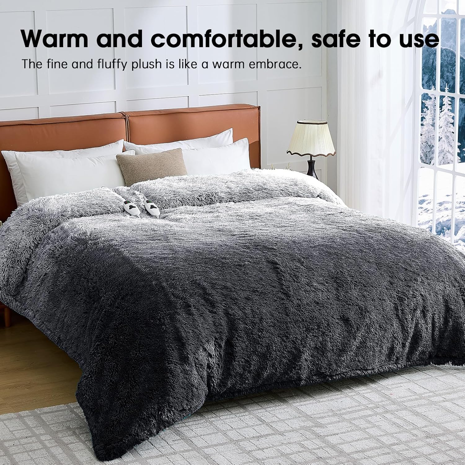 Heated Electric Blanket Queen–Faux Fur with Soft Thick SherpaWarm Winter Birthday Gifts for Women Grandma,Dual Control,10 Heat Settings,5 Time Settings, 84x90, Foggy Dusk