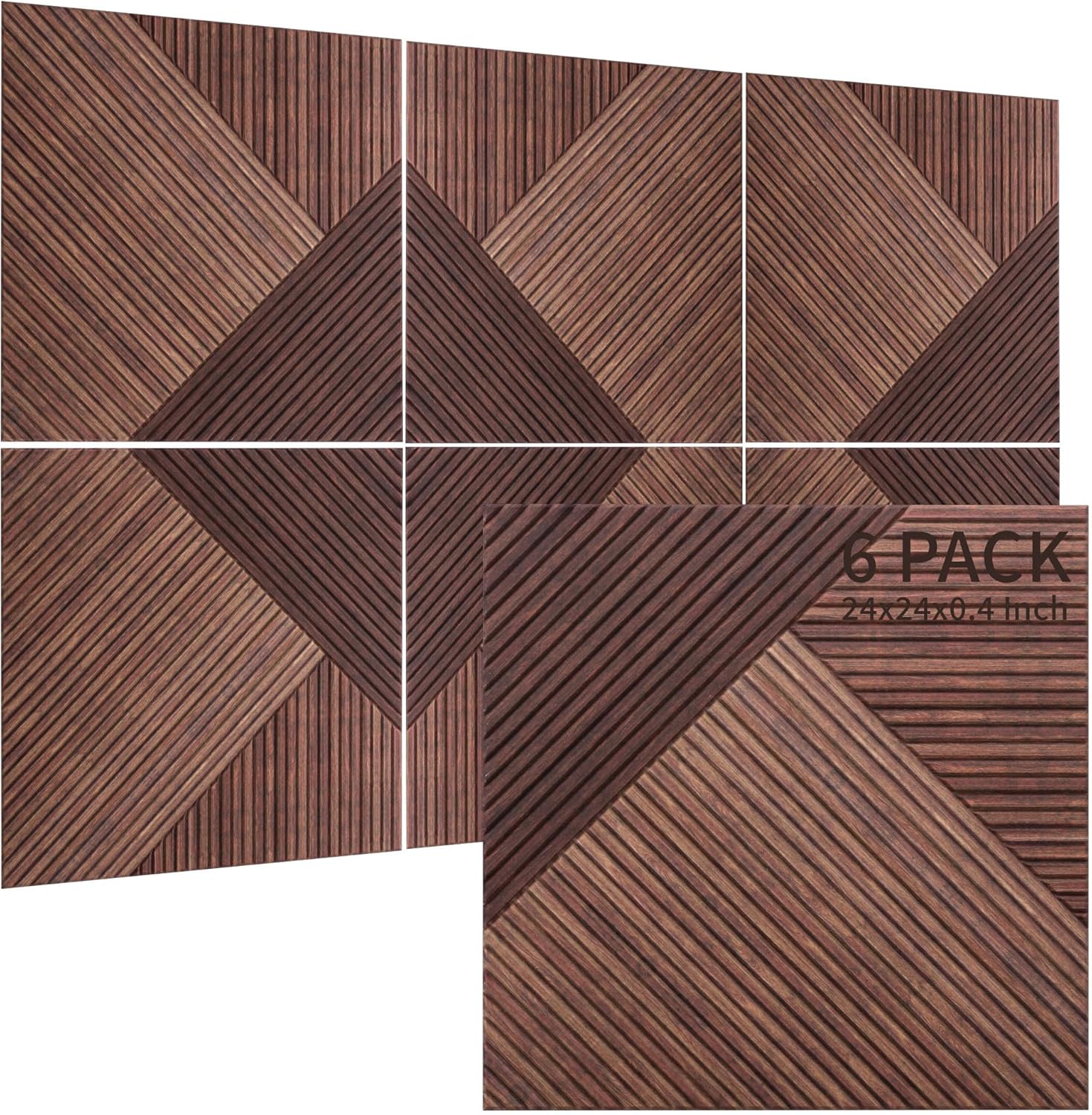 TO-TH Acoustic Panels for Wall and Ceiling - 6 Pack 2'x2'x0.4",Self-Adhesive 3D UV Printing Decorative Wall Panels with Wood Look,Red Sandalwood