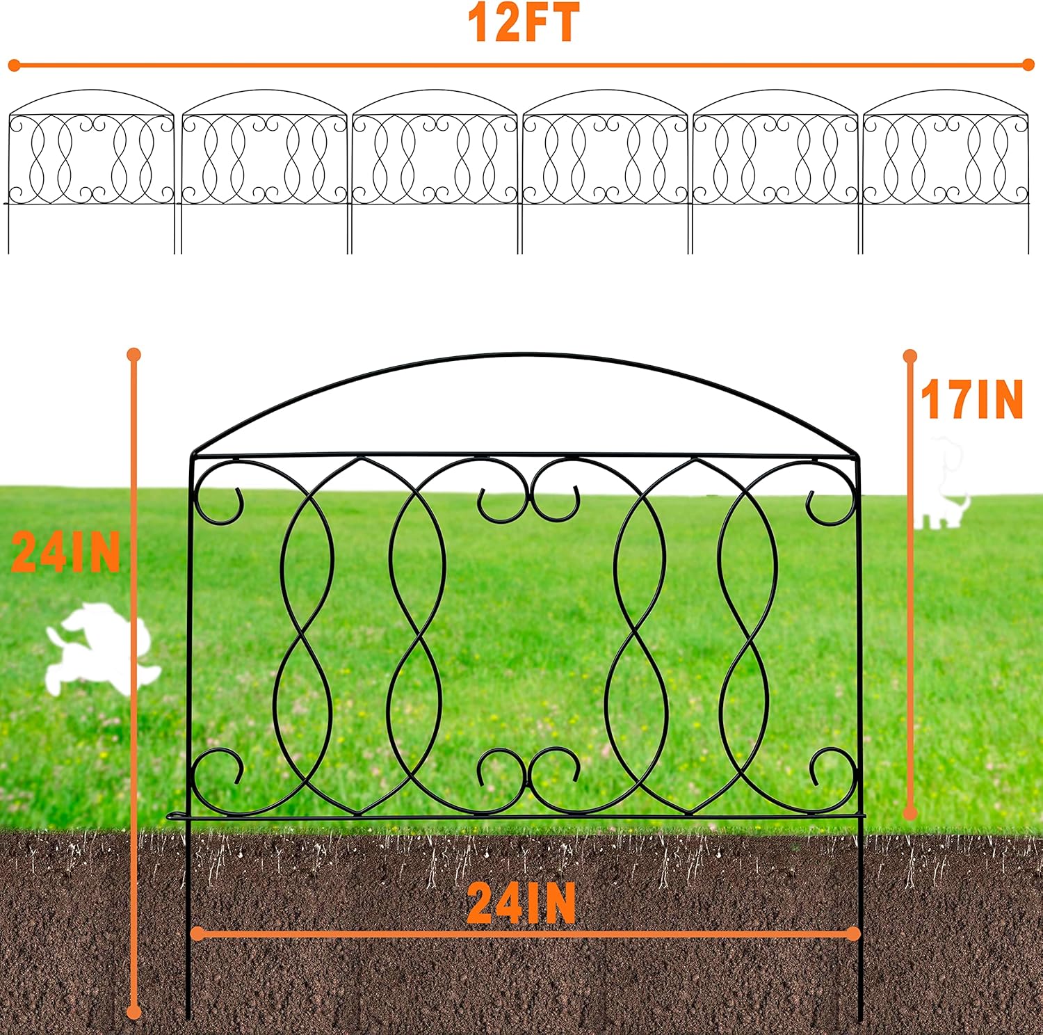 Decorative Fence 24in x 12ft 6 Piece Metal Garden Fence Extra Thick Wire Outdoor Patio Rustproof Fencing Animal Barrier