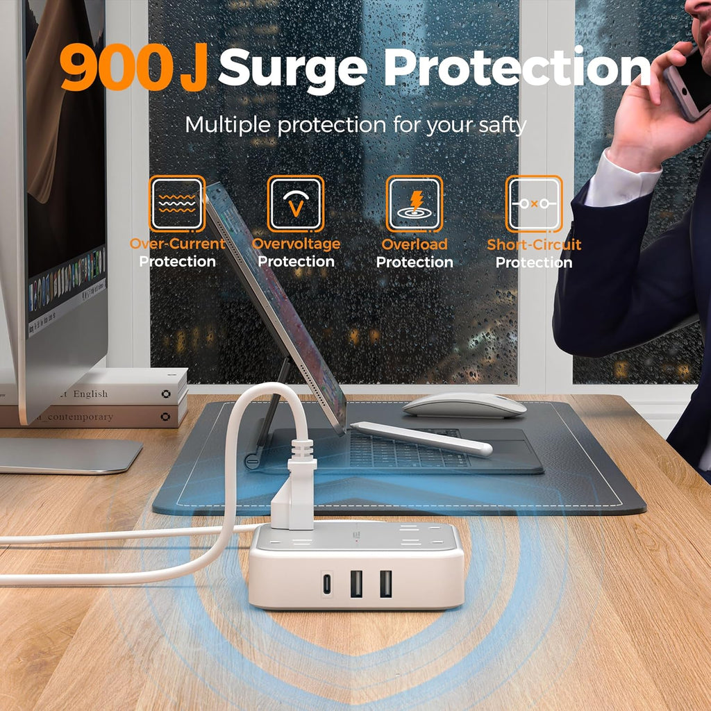 TESSAN Surge Protector Power Strip, 1 Ft Ring Pull Short Extension Cord with Multiple Outlets, 3 USB (1 USB C) 4 Outlets, 900J Surge Protection, Desktop Charging Station for Home, Office, Dorm Room