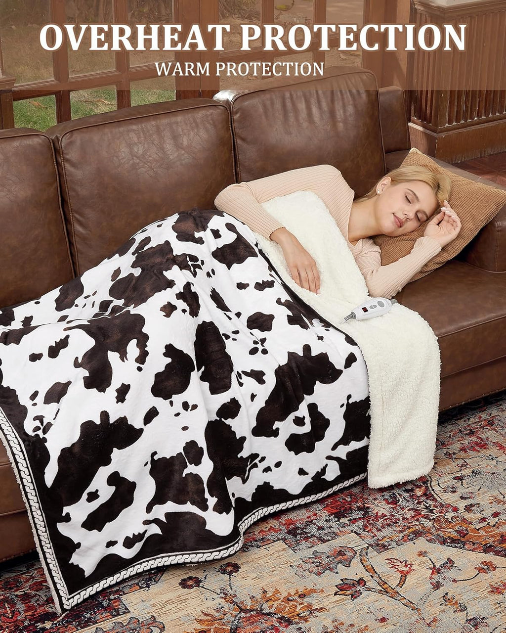 CAROMIO Heated Electric Blanket Queen Size with LCD Dual Controller, Cow Print Heating Blankets, 10 Heat Levels & 1-12H Time Settings, ETL Certified, Machine Washable, Brown Black, 84" x 90"