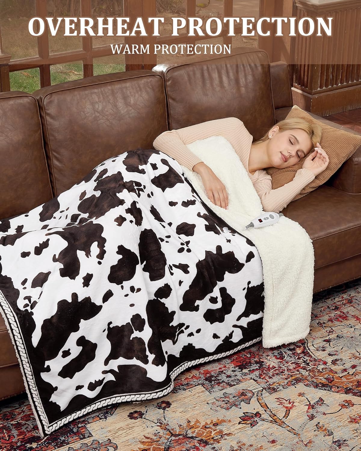 CAROMIO Heated Electric Blanket Queen Size with LCD Dual Controller, Cow Print Heating Blankets, 10 Heat Levels & 1-12H Time Settings, ETL Certified, Machine Washable, Brown Black, 84" x 90"