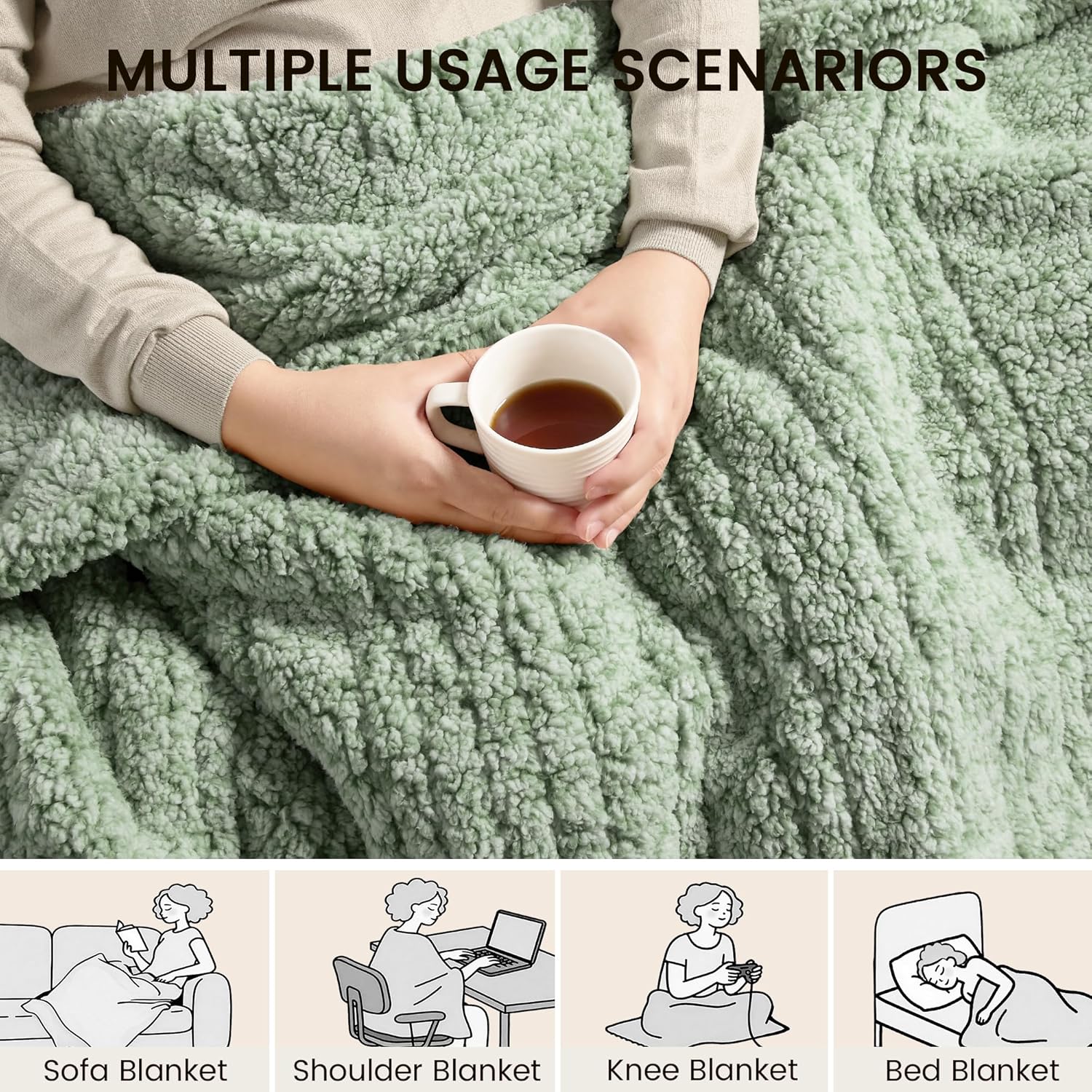 Heated Blanket Electric Blanket King - Fast Heating Blanket Throw Dual Control Double Sided Sherpa with 6 Heating Levels & 1-10 Hours Auto Off, Mashine Washable, 90 x 100 Inches, Sage
