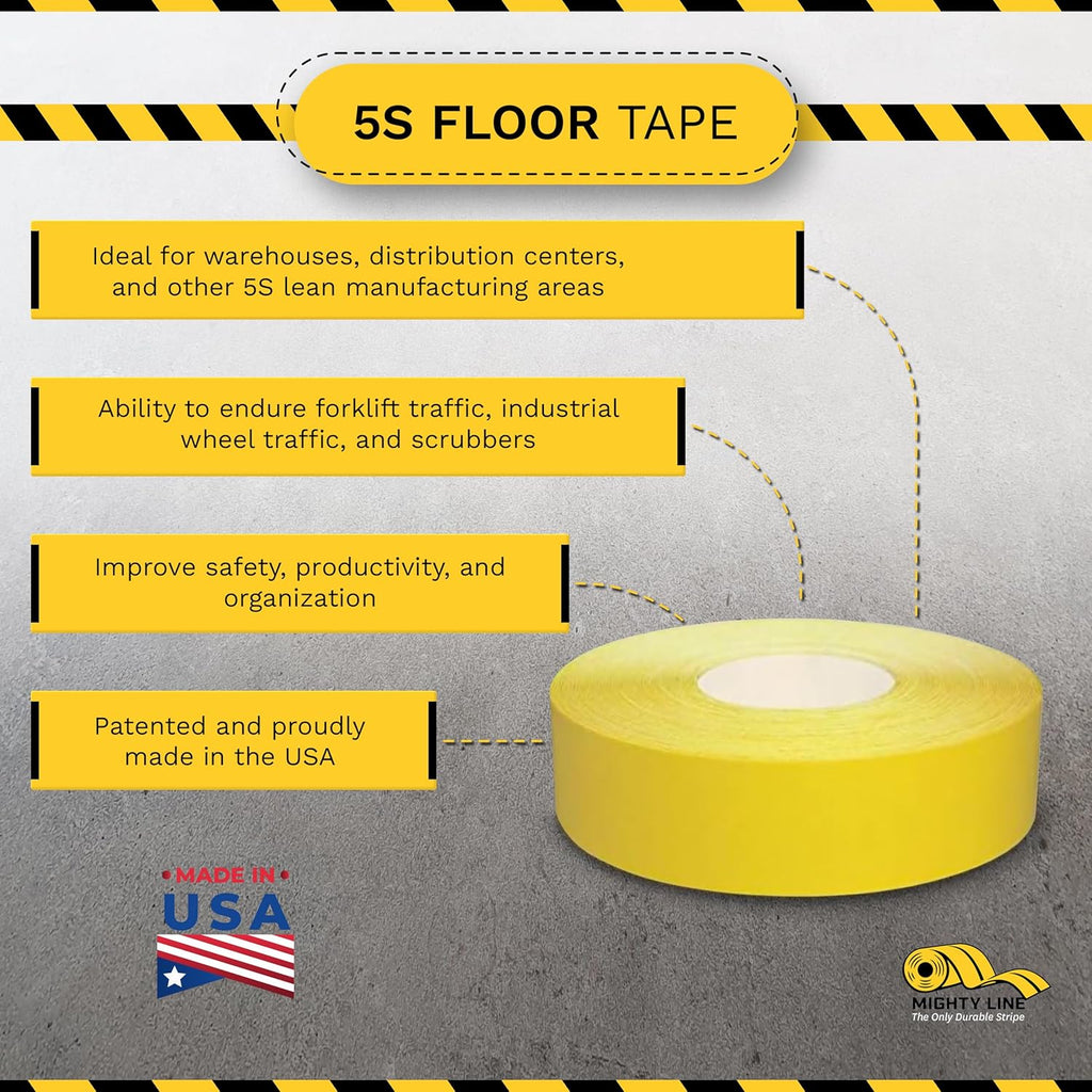 Mighty Line UltraLine Solid Floor Marking Tape for Safety, Caution, Warning, Heavy-Duty, Peel and Stick Adhesive, Beveled Edge Design, Industrial Quality, 2 Inch, 100' Roll, Yellow