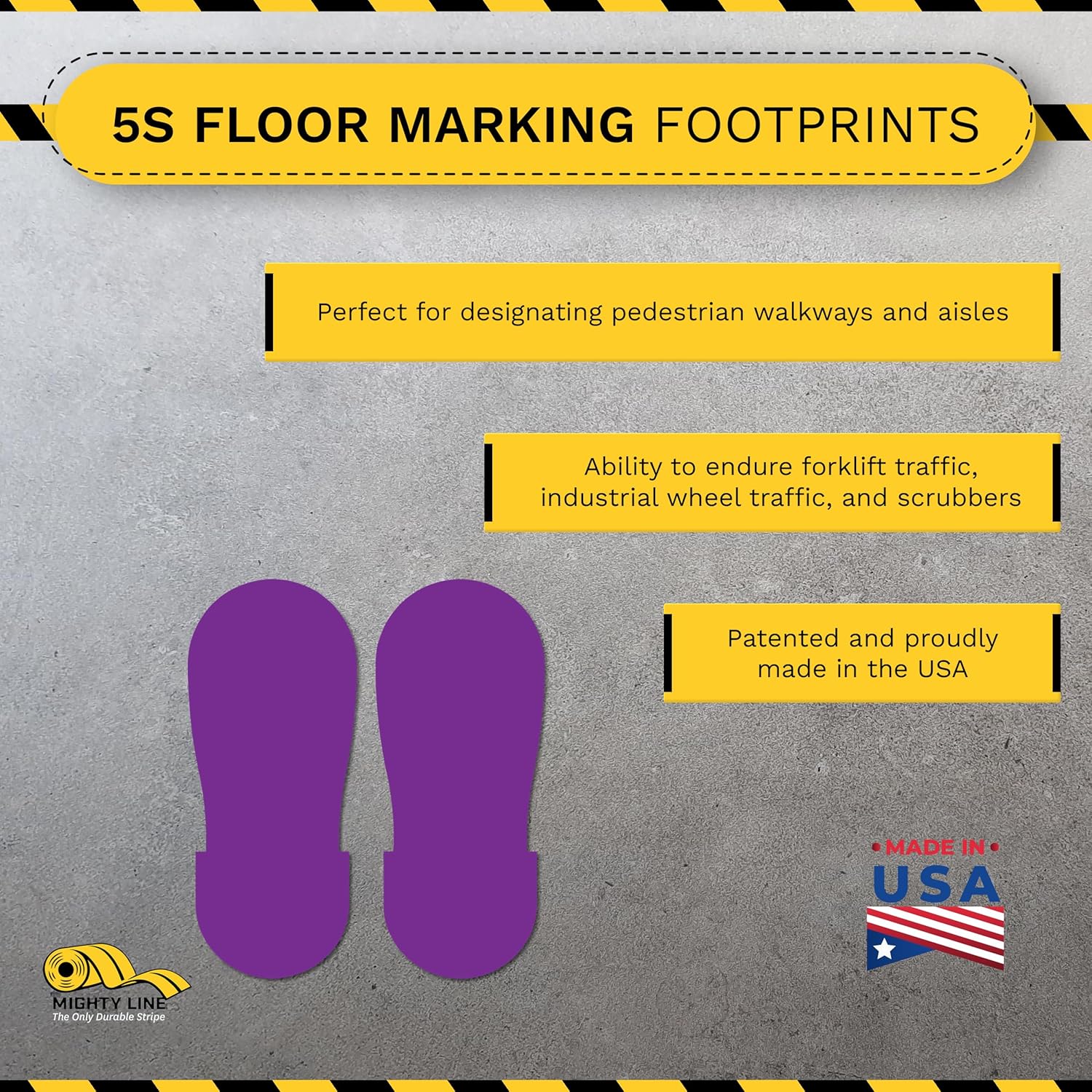Mighty Line Big Footprints Floor Marking Tape for Safety, Caution, Warning, Heavy-Duty, Peel and Stick, Adhesive, Industrial Quality, 12" Long x 5" Wide, Purple, Pack of 50