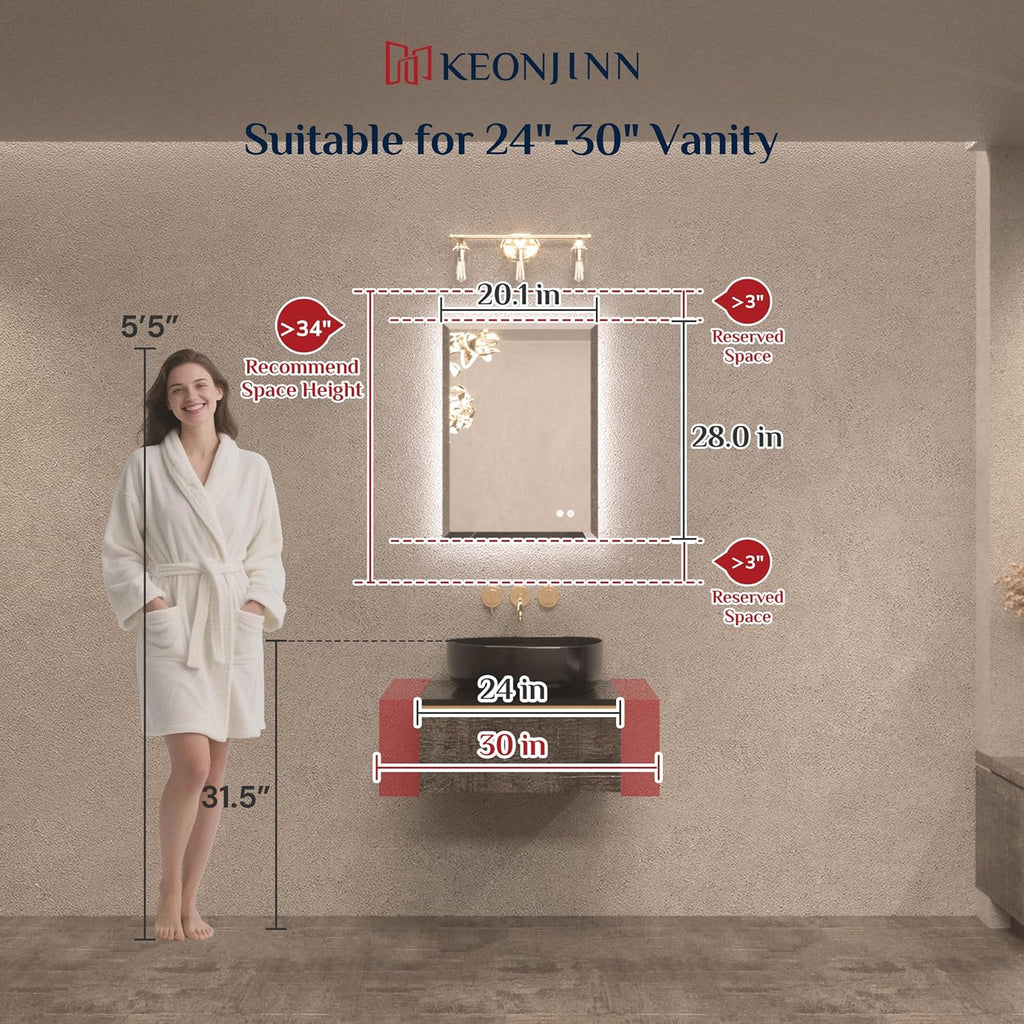 Keonjinn 20 x 28 Inch Backlit Mirror Bathroom, Frameless LED Mirror for Bathroom, Beveled Edge, HD Tempered Glass, UL-Listed LED Driver, Anti-Fog, Dimmable, Memory Function, French Cleat Installation