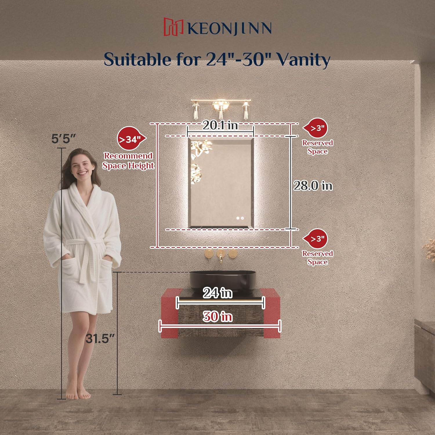 Keonjinn 20 x 28 Inch Backlit Mirror Bathroom, Frameless LED Mirror for Bathroom, Beveled Edge, HD Tempered Glass, UL-Listed LED Driver, Anti-Fog, Dimmable, Memory Function, French Cleat Installation