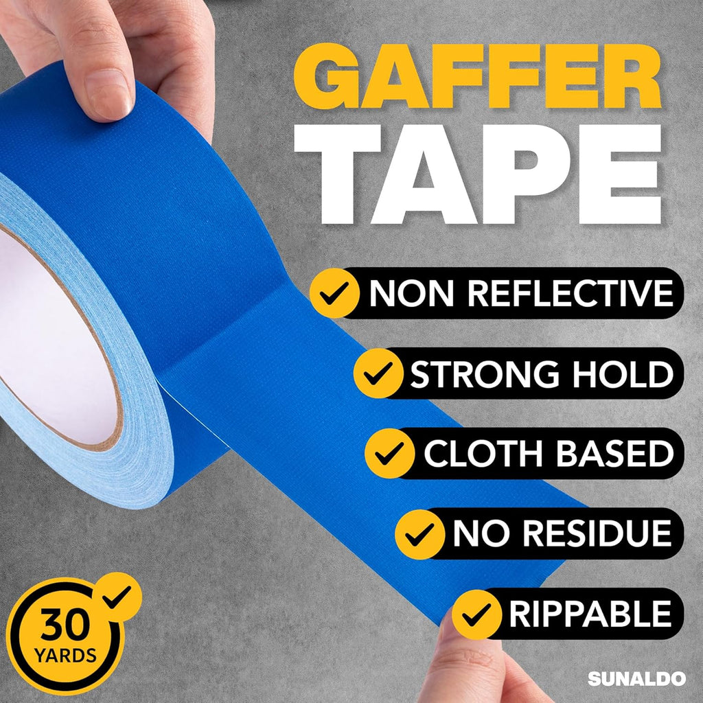 Gaffers Tape, Strong Hold, Easy to Rip, Residue-Free Professional Grade Floor Tape for Electrical Cords, Matte Finish, Non Reflective, Weather Resistant (1 Pack, Blue, 2" x 30 Yards)