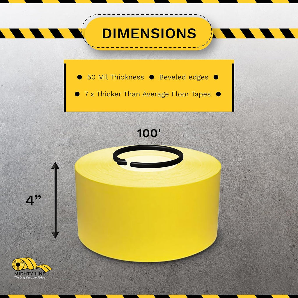 Mighty Line UltraLine Solid Floor Marking Tape for Safety, Caution, Warning, Heavy-Duty, Peel and Stick Adhesive, Beveled Edge Design, Industrial Quality, 4 Inch, 100' Roll, Yellow